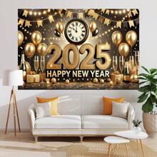 1 Pezzo Striscione Riutilizzabile per Festa di Capodanno con Decorazioni in Oro - Orologio, Palloncino, Bicchiere di Champagne, Decorazione Multifunzionale per Celebrazioni di Capodanno, Sfondo Decorativo da Parete per Interno ed Esterno, Disponibile in Varie Dimensioni (210*150/150*100/100*75CM)