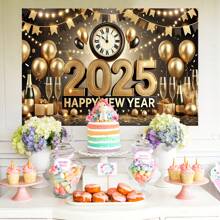 1 Pezzo Striscione Riutilizzabile per Festa di Capodanno con Decorazioni in Oro - Orologio, Palloncino, Bicchiere di Champagne, Decorazione Multifunzionale per Celebrazioni di Capodanno, Sfondo Decorativo da Parete per Interno ed Esterno, Disponibile in Varie Dimensioni (210*150/150*100/100*75CM)