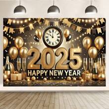 1 Pezzo Striscione Riutilizzabile per Festa di Capodanno con Decorazioni in Oro - Orologio, Palloncino, Bicchiere di Champagne, Decorazione Multifunzionale per Celebrazioni di Capodanno, Sfondo Decorativo da Parete per Interno ed Esterno, Disponibile in Varie Dimensioni (210*150/150*100/100*75CM)