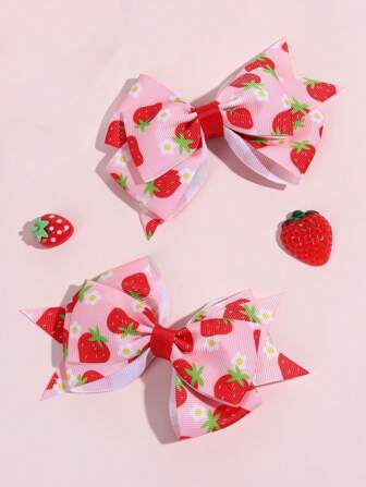 2pcs/Pack Girls Cute Strawberry Print Bow Hairpin, Ribbed Fabric Fruit Series Hairpin, Suitable For Daughters Birthday Gift Party Wear