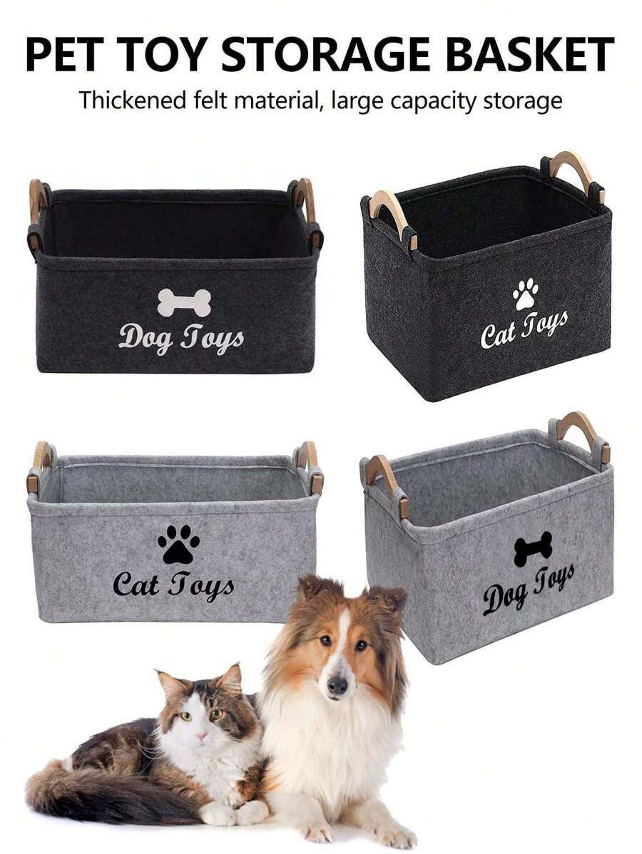 木柄毛氈玩具收納盒,方形寵物玩具收納容器,兒童玩具組織器 - 彩色 - 查看 1