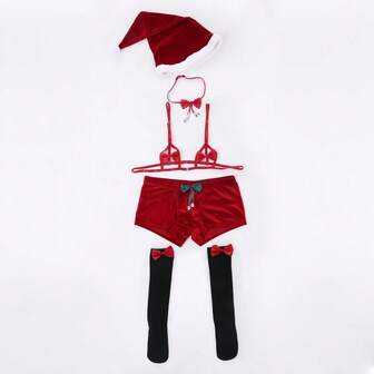 5-In-1 Set: Christmas Santa Claus Costume Accessories, Include Sexy Bell Bow Tie Lingerie, Socks & Bow Tie For Men, Christmas Gift, Festival Attire