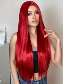 Peluca larga y recta de cabello rojo con raya al medio, peluca sintética de sirena de color para Halloween, cosplay sin encaje con apariencia natural, peluca roja para mujeres y niñas, peluca de reemplazo de cabello natural para uso diario, fiesta y disfraz de Halloween - Rojo - Ver 10