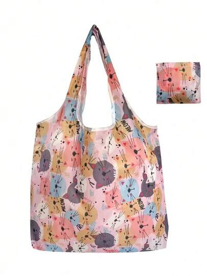 1 pieza (viene con una pequeña monedero) Bolsa grande de compras con estampado de moda, portátil y plegable, bolsa estampada elegante, bolso de tote espacioso, bolso de hombro, bolsa reutilizable, útiles escolares