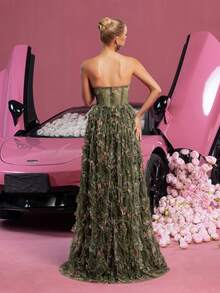 Faeriesty Váy ống in hoa nhún bèo viền bèo nhún, váy dạ hội trang trọng, cho khách dự tiệc cưới, tốt nghiệp, tiệc tối - Màu xanh Ô liu - Xem 3