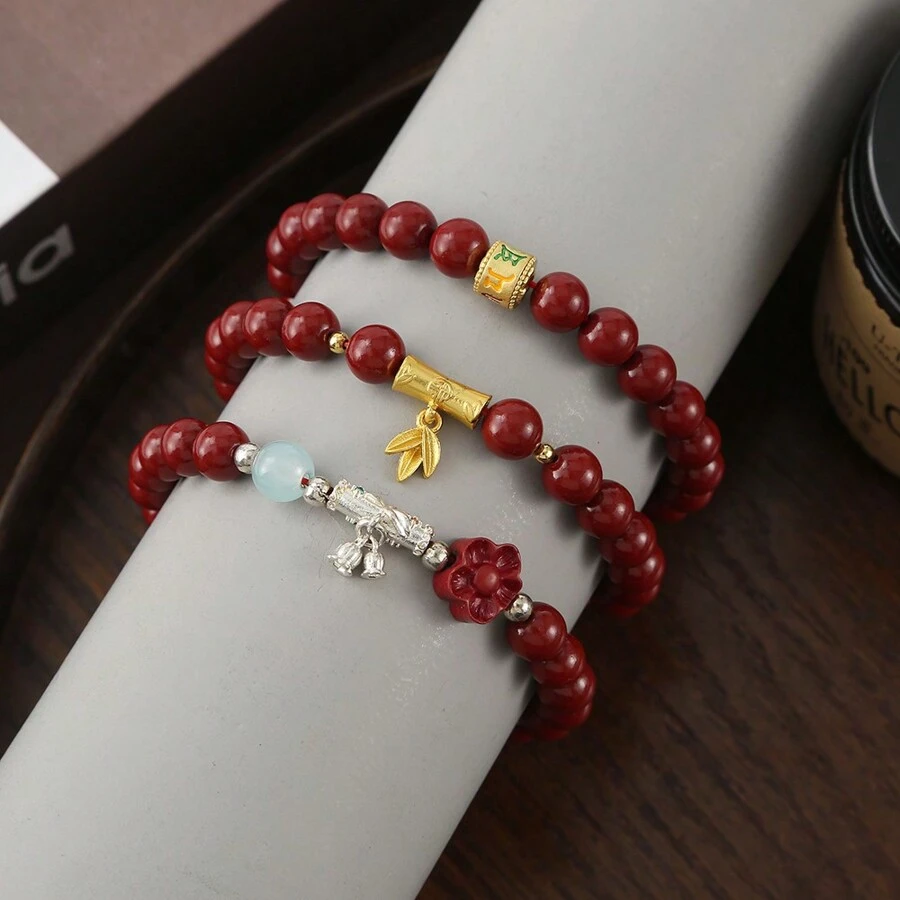 1 chiếc vòng tay thắt nút bằng tre Cinnabar, hạt phong thủy cát vàng tím nguyên chất hàm lượng cao, dành cho nam và nữ, năm sinh - Nhiều màu - Xem 1