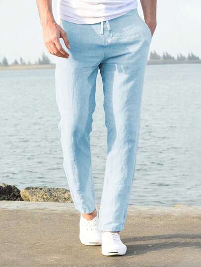Elegantes y sencillos pantalones rectos de lino para hombre, cómodos, de algodón y lino, con diseño de cordón y bolsillos en la cintura, buena elección para Halloween, Navidad, ¡regalo diario para tu novio, padre y amigos!