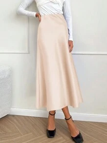 Women's Satin Silk High Waist Flare A-Line Midi Skirt Solid Color Spring Summer Fall Autumn Skirt Cocktail Valentine Day Wedding Elegant Valentine Midi Skirt - Màu be - Xem 3
