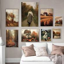 1pc Wall Arts Posters Optional Frame Nordic Autumn Farmhouse Landscape Poster Prints For Living Room Home Decor Abstract Rustic Scenery Canvas Painting Wall Art Vintage - Multicolor - View 6
