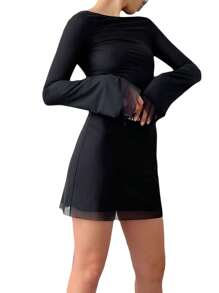 Female Short Dress, Solid Color/ Floral Print Long Sleeve Backless Dress, Black/Khaki, S/M/L