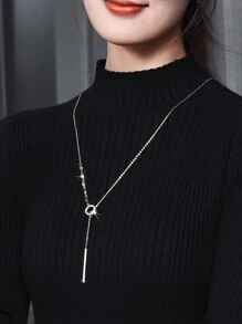 1pc 80cm Long Versatile Minimalist Rhinestone Decor Round Pendant Necklace For Women, Autumn/Winter - Star - View 6