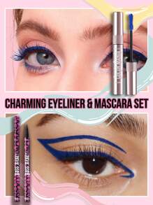 Misslyn Charming Eyeliner & Mascara Set,2 Pcs,BOSS BABE! Boom Black Boom Eyeliner, Waterproof Liquid Ink Eyeliner,  Ultra-Pigmented & Waterproof, Creates Bold & Defined Lines, Available In 4 Intense Colors: Brown And Black And Red And Blue, Long Lasting Matte Liquid Eyeliner, Sweat-Proof No Smudge Professional Eye Make Up Eyeliner.Color Mania Mascara, Smudge Proof,  Dramatic Volume, Long-Wearing, Volumizing Effect, Define Eyelash, Highly Pigmented, No Clumping - 02 BLUE+06 Blue Ocean - 查看 2
