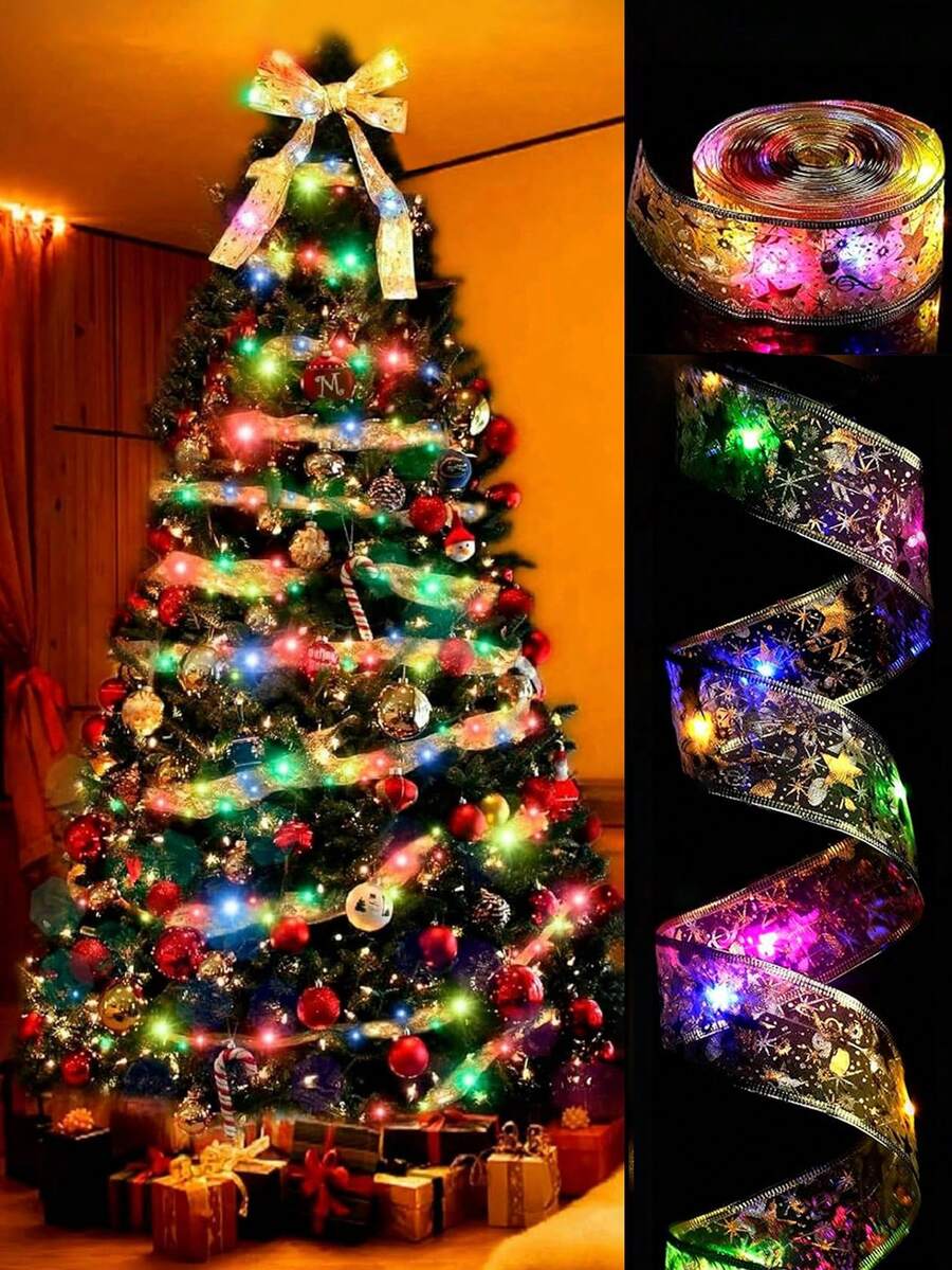 1pc Christmas Ribbon Fairy Lights, 5M/16.4 FT, Golden Christmas Lights