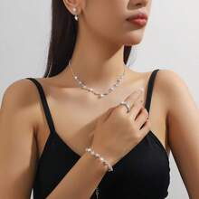 Bộ trang sức thời trang đơn giản 5 món - Vòng cổ, Hoa tai, Vòng tay, Nhẫn phù hợp cho phụ nữ dự tiệc cưới, tiệc tùng, dạ tiệc và đeo hàng ngày - Cùng một phong cách trong nhiều màu sắc - Xem 5