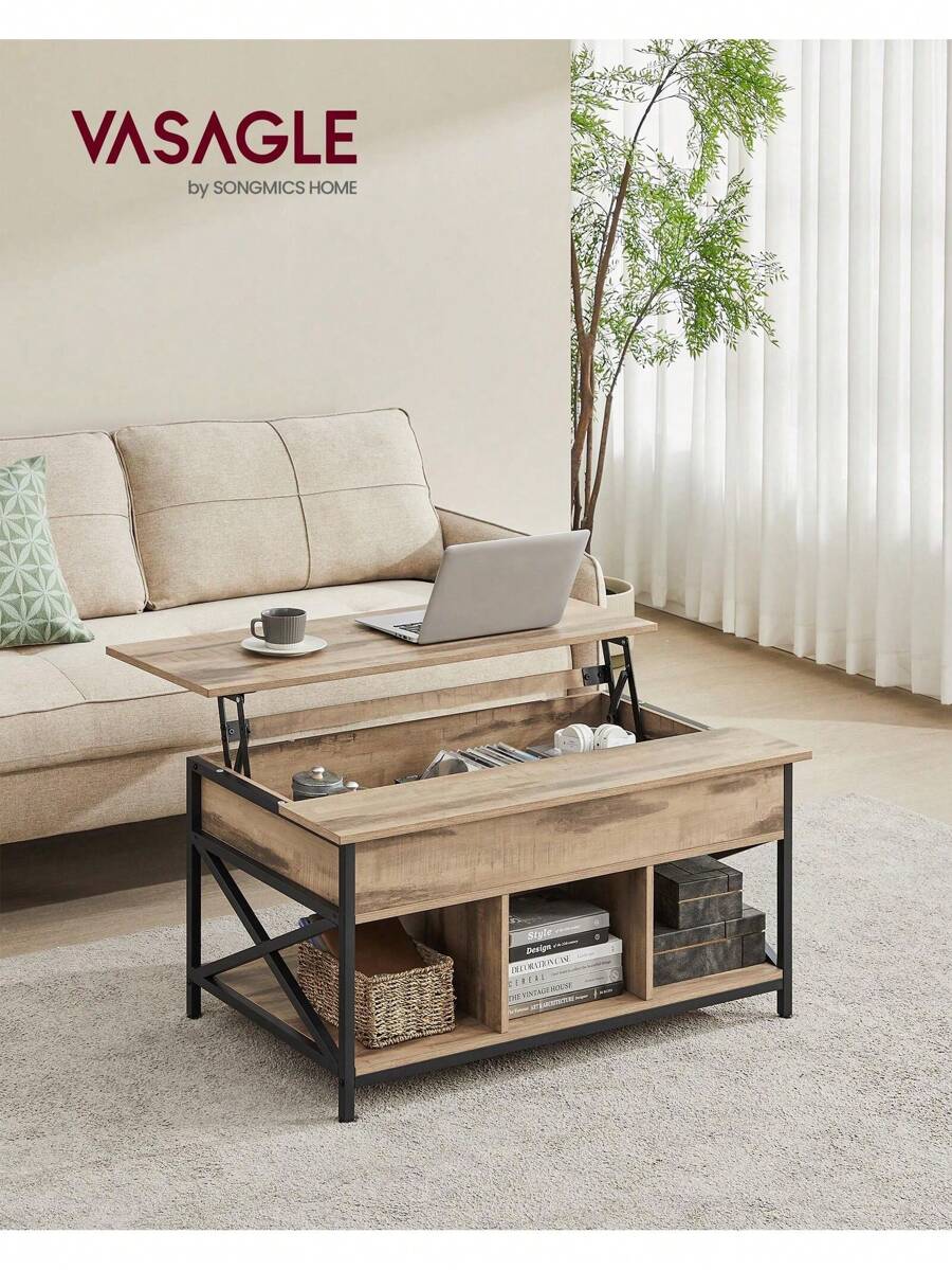VASAGLE Tavolino da Caffè, Tavolino da Salotto con Piano Sollevabile, Tavolino con Spazio di Organizzatore Aperto e Nascosto, Barre a X, 60 x 100 x (48-62) cm, Marrone Cammello e Nero