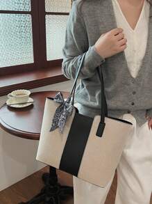 女士休闲帆布拼接拉链单肩包大容量日常使用手提包 - 黑色 - 查看 8