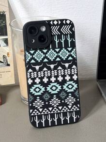 苹果复古 1 件西部牛头不对称图案黑猫眼全保护软手机壳兼容 iPhone 11/12/13/14/15/16 Pro Max - 彩色 - 查看 2