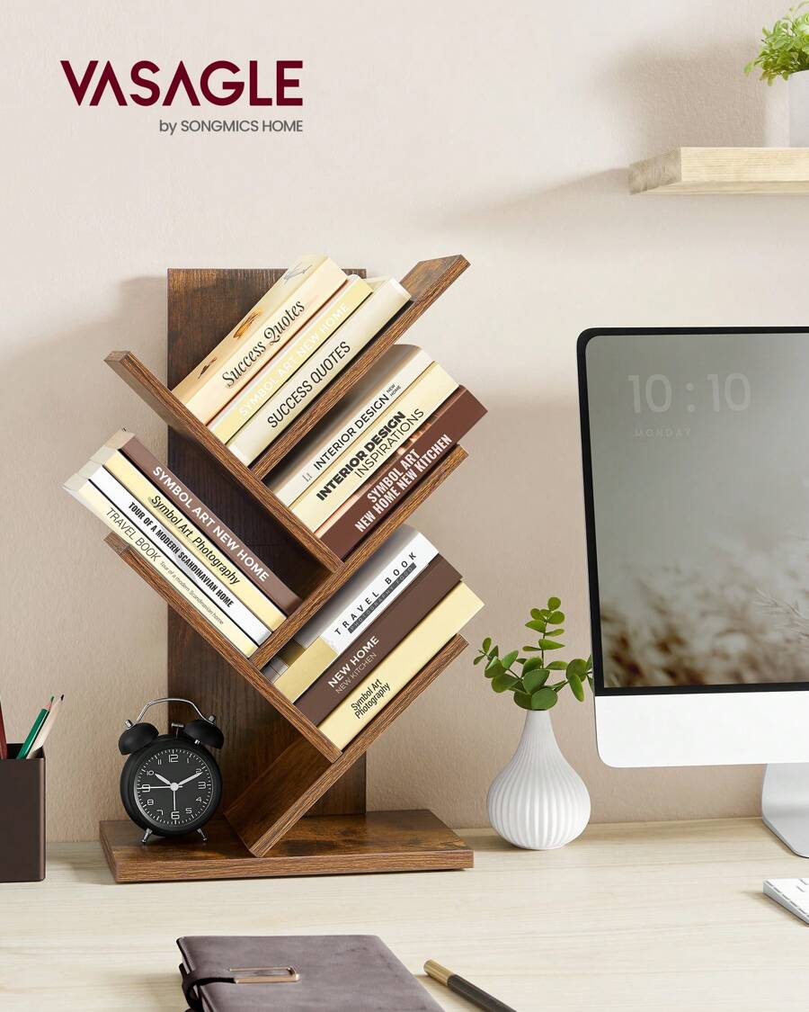 VASAGLE Librería en Forma de Árbol, Librería de 5 Niveles, Ahorro de Espacio, Librería Vertical, para Dormitorio, Sala de Estar, Estudio, Oficina, Blanco Crema/Marrón Rústico - Marrón - Ver 1