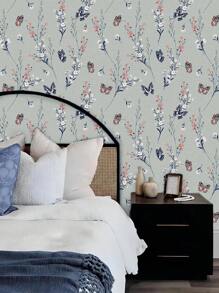 1 卷复古花卉自粘壁纸，灰色波西米亚风花卉植物蝴蝶可移除剥离粘贴壁纸，适用于家庭浴室卧室橱柜柜台墙壁装饰（17.53 英寸 * 39.4/78.7/118/197/394 英寸），翻新贴纸剥离墙板，墙纸，壁纸，春季装饰品让您的家焕然一新，Rama 装饰贴纸 - 多色 - 查看 22