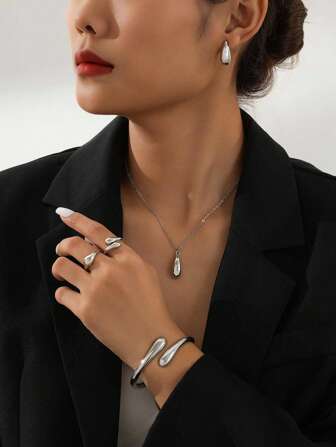 1 set Minimalistisk legering dropparmband, ring, halsband och örhängen set, vardagstillbehör och semesterpresenter för kvinnor