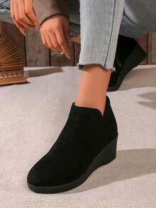Giày bốt cổ ngắn đế tròn đế xuồng bằng nhung hươu giả da lộn cho nữ, giày bốt cổ ngắn màu trơn đơn giản thời trang dành cho nữ - màu đen - Xem 5
