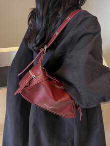 时尚女士手提包 2024 新款设计单肩包小众设计手提包休闲百搭简约时尚腋下包舒适材质 PU 纹理纯色设计拉链开合可调节肩带宽敞空间时尚春夏枕头包 - 酒紅色 - 查看 6