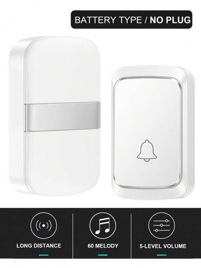 Wireless Doorbell Remote Control With 60 Melodies & 5-Level Volume, Suitable For Home, Battery Operated (3x AAA) Or USB Powered