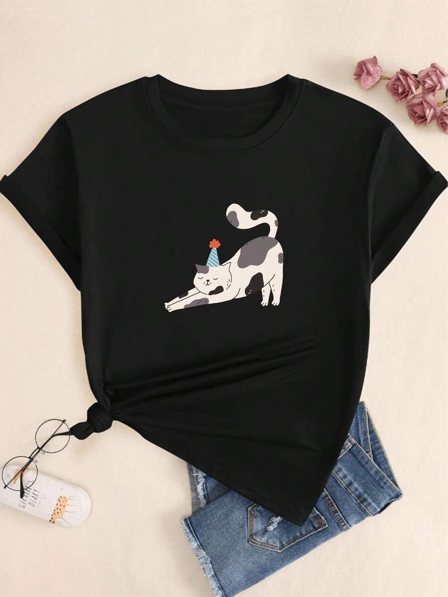 Kitten Print T-Shirt Stretching Women's Blouse Casual Fashion Comfort Premium Short Sleeve - Vì vậy - Xem 1
