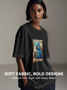 Women's Print Short Sleeve T-Shirt, Black & White Shirt, 180gsm Shirt, Crew Neck Short Sleeve T-Shirt, Breathable & Comfortable Casual Sports Fitness Tee, Casual Vintage Style, Suitable For Summer, Beach Holiday Crew Neck Short Sleeve Casual T-Shirt, Summer Tee