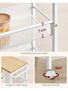 VASAGLE Carrello a 4 Ripiani, Carrello Cucina Salvaspazio con Ruote, Struttura in Acciaio, Maniglia, Carrellino Piccoli Spazi, Bagno Salotto Studio, Beige Rovere e Bianco - Zenzero - Visualizzare 4