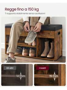 VASAGLE Scarpiera Panca Ingresso, Panca Contenitore con Cuscino Imbottito, 3 Scomparti, Ripiani, Soggiorno Corridoio Camera da Letto, Portata 136 kg, Marrone Vintage - Castano - Visualizzare 5