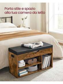 VASAGLE Scarpiera Panca Ingresso, Panca Contenitore con Cuscino Imbottito, 3 Scomparti, Ripiani, Soggiorno Corridoio Camera da Letto, Portata 136 kg, Marrone Vintage - Castano - Visualizzare 3