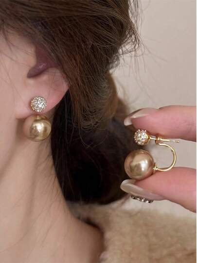 topshiny 1 Pair Elegant Korean Champagne Pearl & Rhinestone Stud Earrings, Suitable For Daily Outfit And Party Accessories