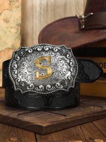 1 件时尚压花黑色皮革复古风格西部牛仔合金字母 S 扣 Y2K 朋克男士腰带年轻男孩适合派对、舞会、闪亮装饰、郊游、日常休闲外出穿着 - 黑色 - 查看 8