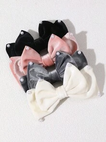 4pcs Women's Elegant Velvet Bow Pearl Hair Clips, Black, Gray, White, Pink, Versatile Daily & Wedding Hair Accessories - Multicolor - View 5