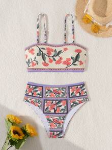 2pcs/Set Women's Floral Print Spaghetti Strap Bikini Top And Bottom Sets Summer - Multicolor - View 1