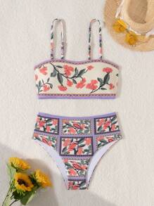 Set de 2 piezas con parte superior e inferior de bikini con estampado floral y tirantes de espagueti para mujer, de verano