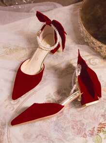 2025 New Red Qipao Style Bridal Shoes, Thick Heel, Pearl Chain Bow Decor, Unique Elegant High Heels, Comfortable For Bride - Red - View 6