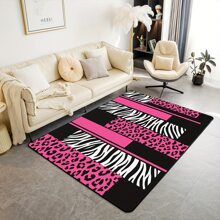 1pc Leopard And Zebra Print Area Rug, Pink Black White Animal Pattern, Polyester Non-Slip Backing, Home Decor Accent Carpet For Living Room, Bedroom, Office, Geometric Hunting Decoration Mat