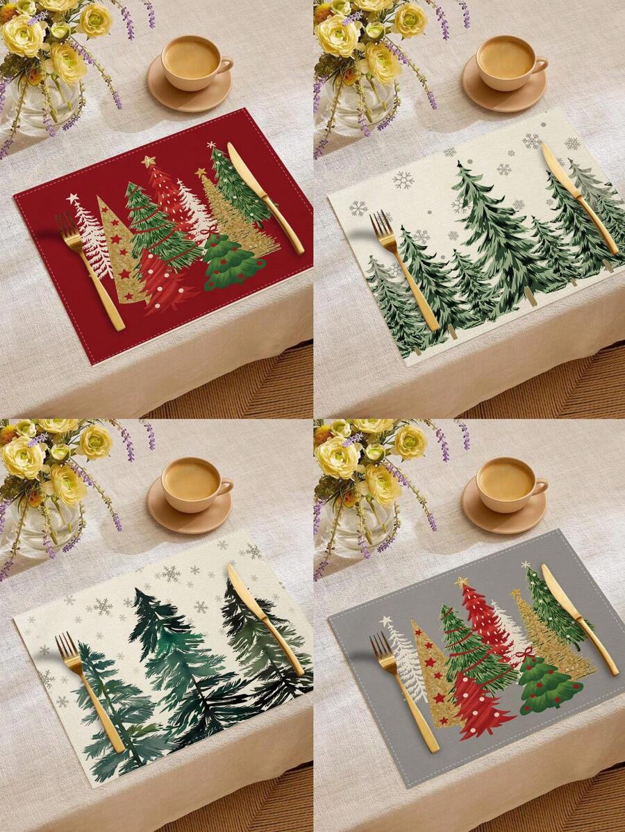 1 pièce/4 pièces/6 pièces Set de sets de table en lin de Noël avec des motifs de fête comme le sapin de Noël, le houx, le flocon de neige. Dessous de plat durables pour la table à manger, convenant pour la maison, le restaurant, la décoration de Noël