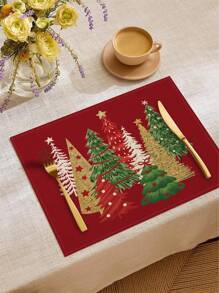 1 pièce/4 pièces/6 pièces Set de sets de table en lin de Noël avec des motifs de fête comme le sapin de Noël, le houx, le flocon de neige. Dessous de plat durables pour la table à manger, convenant pour la maison, le restaurant, la décoration de Noël