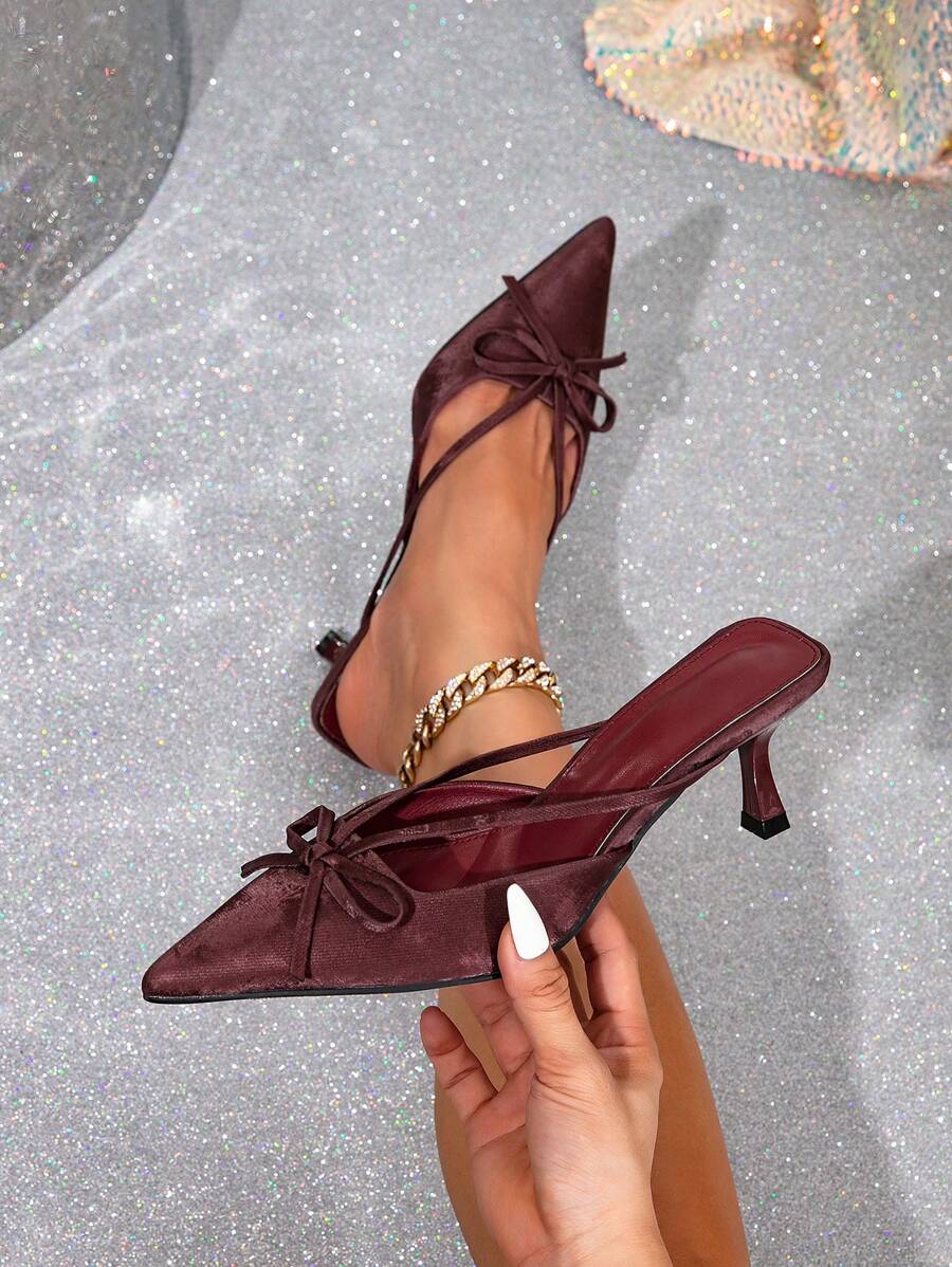 European & American Style Mule Shoes For Women, Bow Decor, Pointed Toe, Slip On, Low Vamp, Edging Craft, High Heel, Suitable For Autumn Valentines - Burgundy - View 1