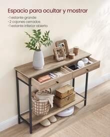 VASAGLE Mesa de Consola, Mesa de Entrada, Mesa de Sofá con 2 Cajones, Marco de Acero, Estable, para Pasillo, Dormitorio, Salón, Estilo Industrial,Marrón Camello y Negro Tinta - Camel - Ver 3