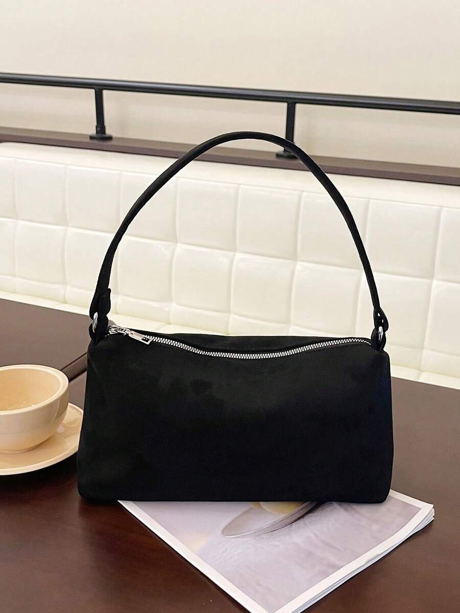 学院风格纯色拉链休闲斜挎方形包，百搭设计，适合男士日常使用、旅行和度假，可调节肩带 - 黑色 - 查看 1