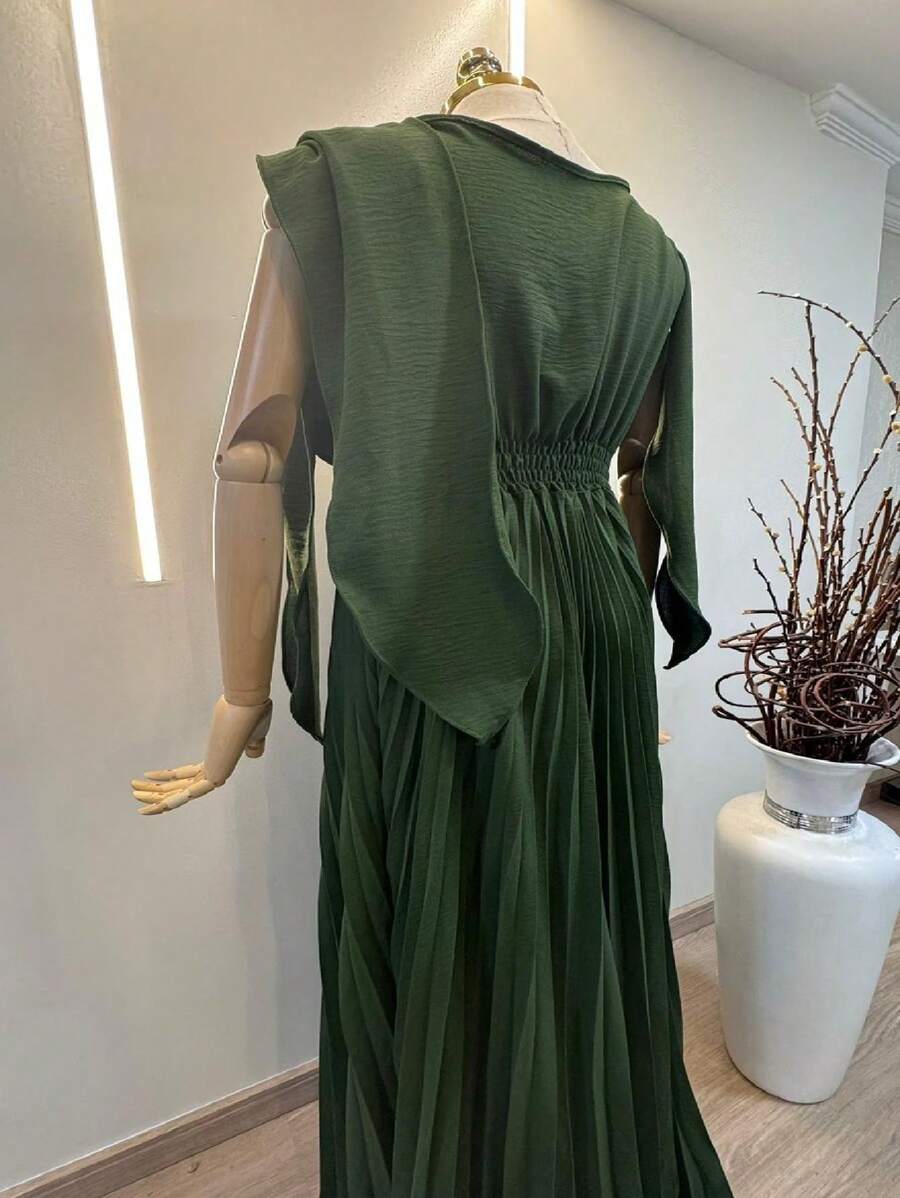 Long Pleated Dress V-Neckline Bridesmaid Dress For Wedding Graduation And Parties - 軍綠色 - 查看 1
