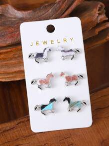 3 对/套复古西部牛/羊皮镶嵌耳钉套装，波西米亚西部农场耳环女士礼物 - 彩色 - 查看 13