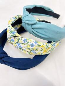 Bộ 3 Băng đô vải hoa màu xanh trơn cho nữ, Phụ kiện tóc thẩm mỹ ngọt ngào thích hợp sử dụng hàng ngày - Nhiều màu - Xem 3