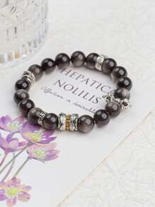 VE [VE] 1pc High Quality Natural Obsidian Bracelet, Decorated With Double-Lotus, Vajra, And Guardian Lion Elements. The Design Concept Originated From The Black Mythology Of Monkey King, Representing His Resilience, Wisdom, And Bravery, Bringing Strength And Belief To The Wearers. Suitable For Both Men And Women, Natural Gem Color Varies.