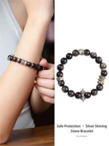 VE [VE] 1pc High Quality Natural Obsidian Bracelet, Decorated With Double-Lotus, Vajra, And Guardian Lion Elements. The Design Concept Originated From The Black Mythology Of Monkey King, Representing His Resilience, Wisdom, And Bravery, Bringing Strength And Belief To The Wearers. Suitable For Both Men And Women, Natural Gem Color Varies.