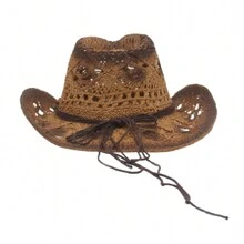 Cowboy Hat Creative Curled Straw Hollow Design  Beads Chain Decoration Shade Straw Hat - Dark Brown - View 3